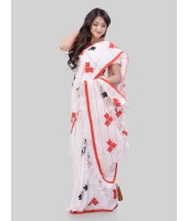 DESH BIDESH Women`s Bengali Khesh Pure Cotton Handloom Saree Tri Flower Designed With Blouse Piece (White Red Black)